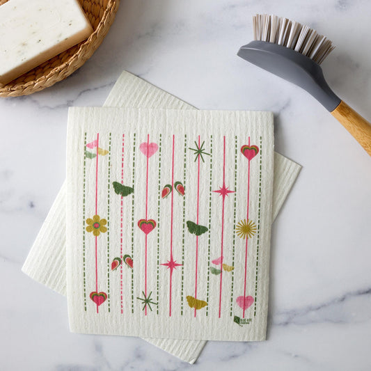 Pink Hearts & Flowers Swedish Dishcloth | Modern Pink & Green | Cellulose 6.75"x8"