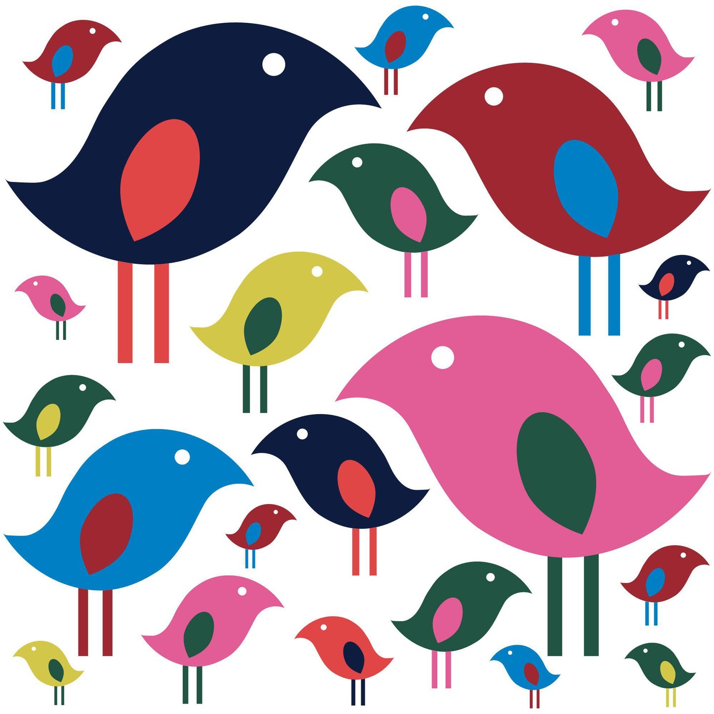 Colorful modern bird flock design featuring stylized birds in various sizes and bright colors including blue, pink, red, green, and yellow on a white background, perfect for a Swedish dishcloth pattern