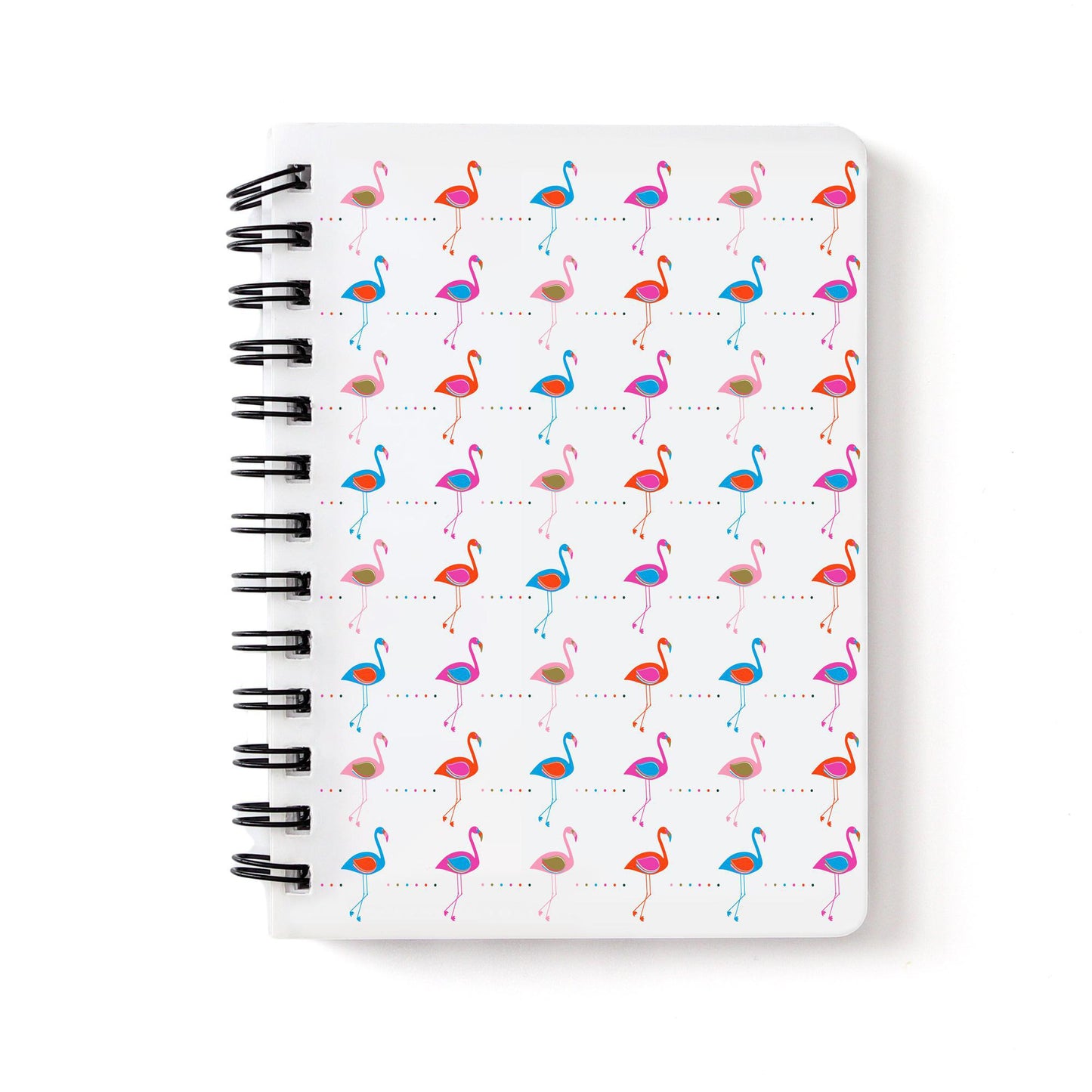 Spiral-bound notebook with vibrant pink and blue flamingo pattern on white cover, perfect for stylish note-taking and creative writing