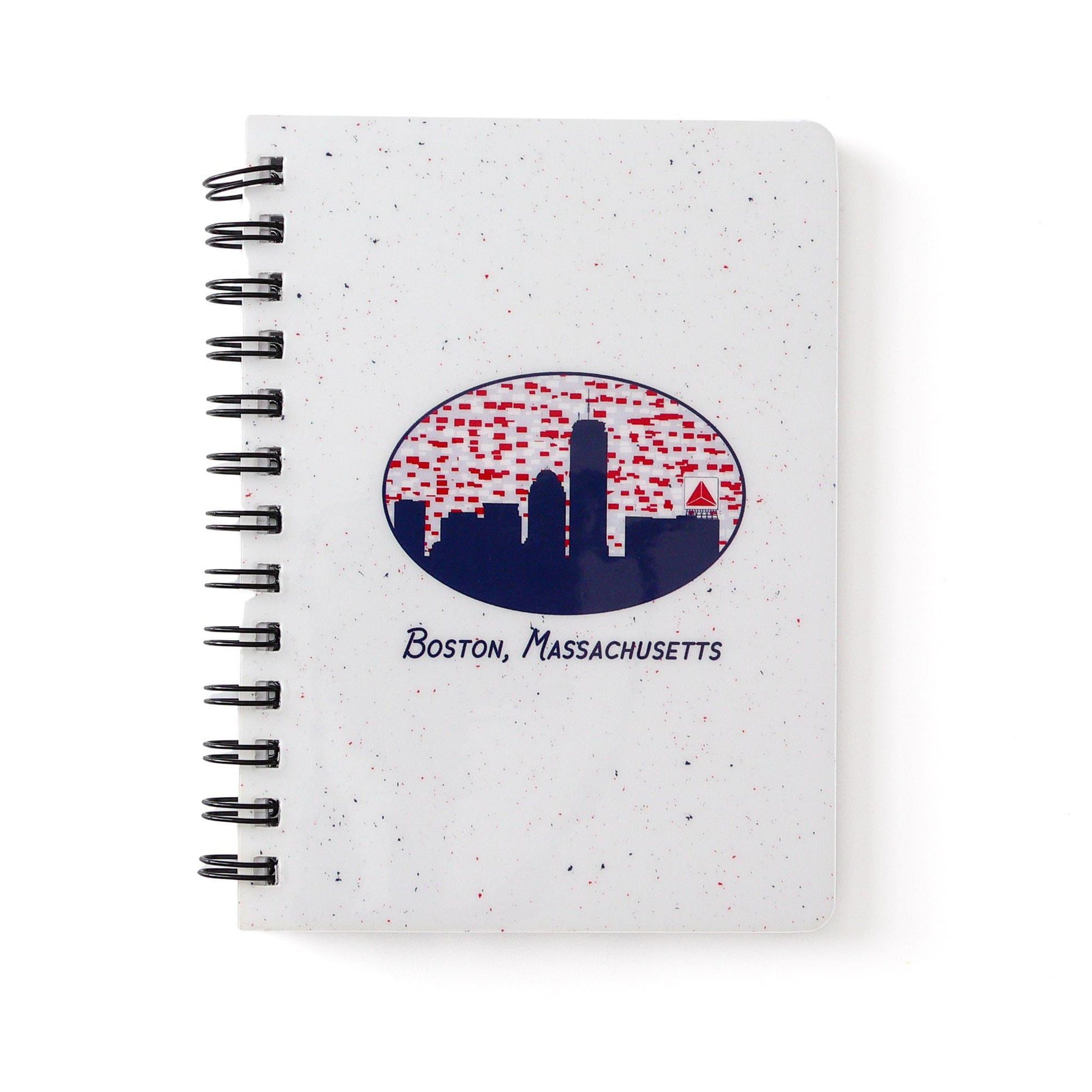 Spiral-bound notebook with Boston skyline silhouette and Citgo sign illustration on speckled white cover, featuring "Boston, Massachusetts" text underneath