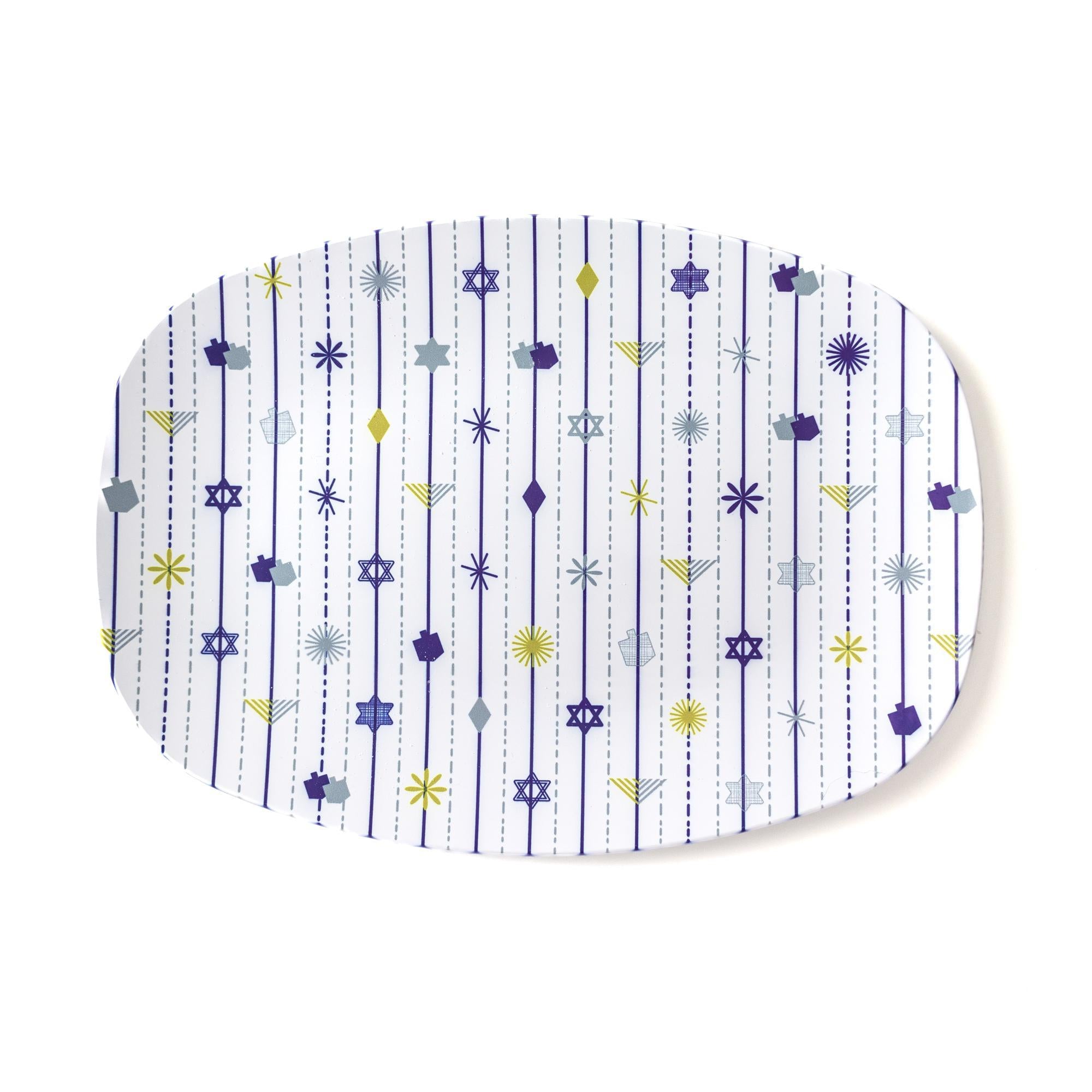 Hanukkah Serving Tray Oval with modern dreidels and menorahs design for stylish holiday serving.