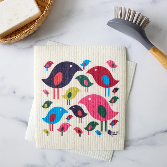 Bright Bird Swedish Dishcloth | Modern Bird Flock | 6.75"x8" Cellulose