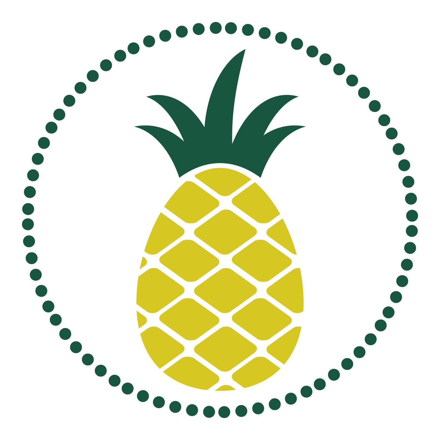 Stylized yellow pineapple icon with green leaves, enclosed in a circular green dotted border on white background, representing eco-friendly Swedish dishcloth design