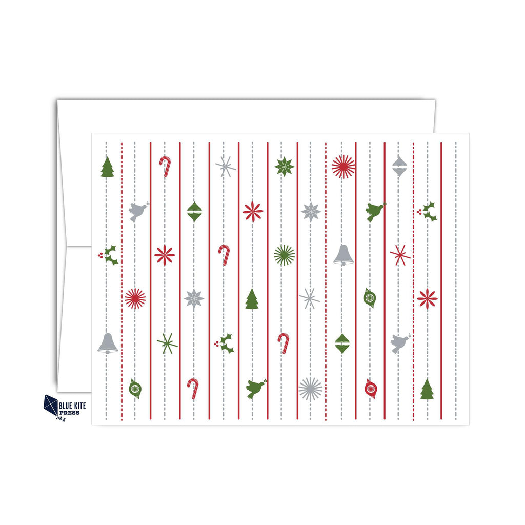 Christmas Note Card Set Vintage Christmas with modern ornaments and trees design, includes 8 cards and envelopes.