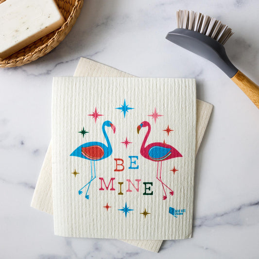 Be Mine Flamingo Swedish Dishcloth | Modern Pink & Blue | Cellulose 6.75"x8"