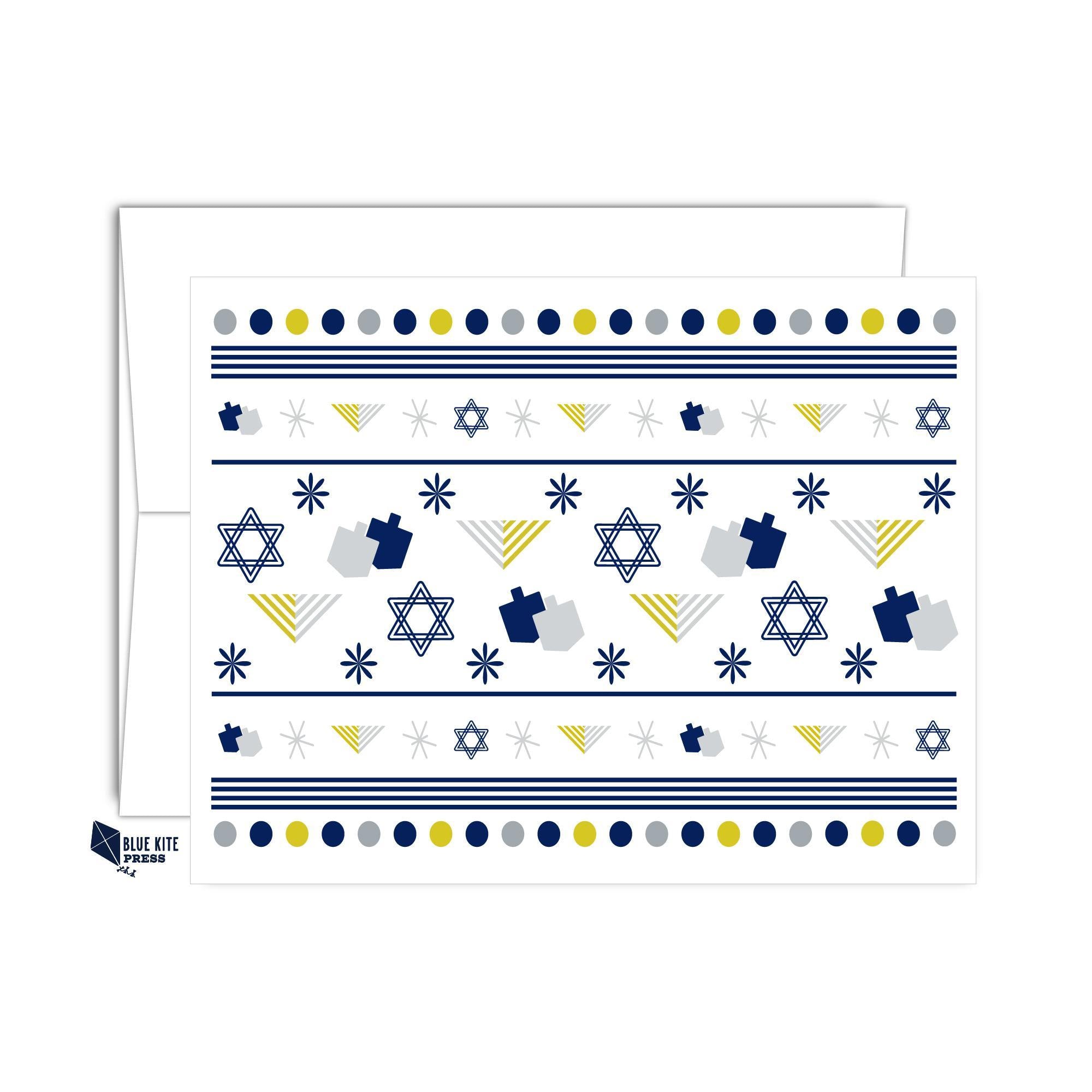 Hanukkah Card Dreidels & Menorahs Greeting Card with blue, gray, and gold holiday symbols, blank inside.
