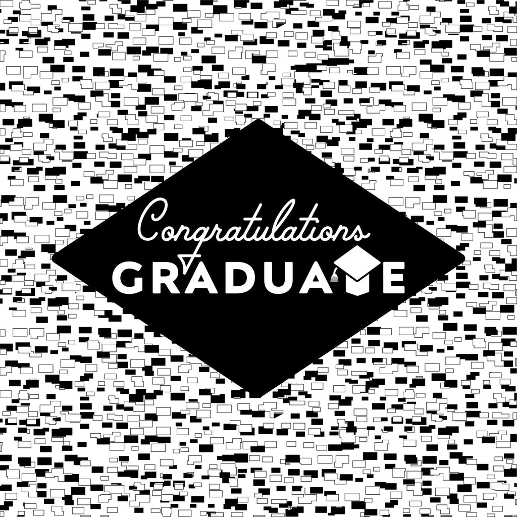 Congrats Graduate Note Card black and white design with congratulations text and graduation cap icon on patterned background