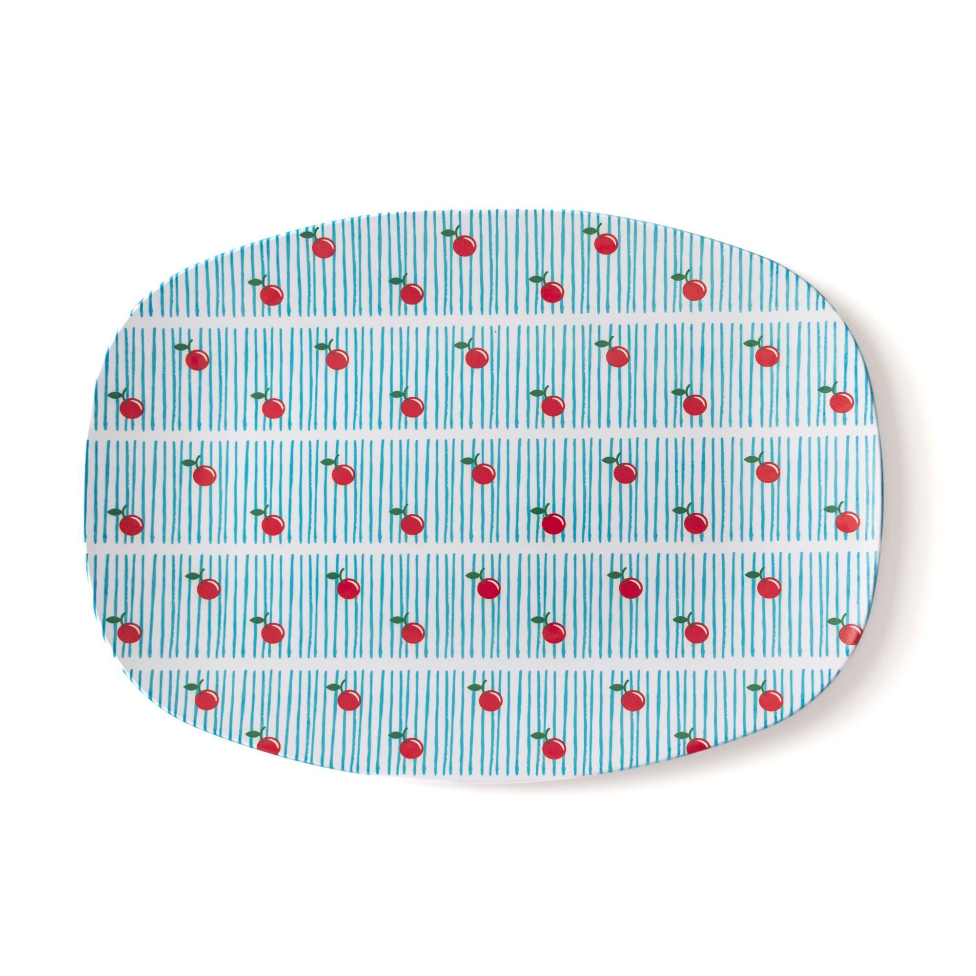 Cherry Serving Tray Oval with vintage cherries design and blue stripes, perfect for stylish serving on any occasion.