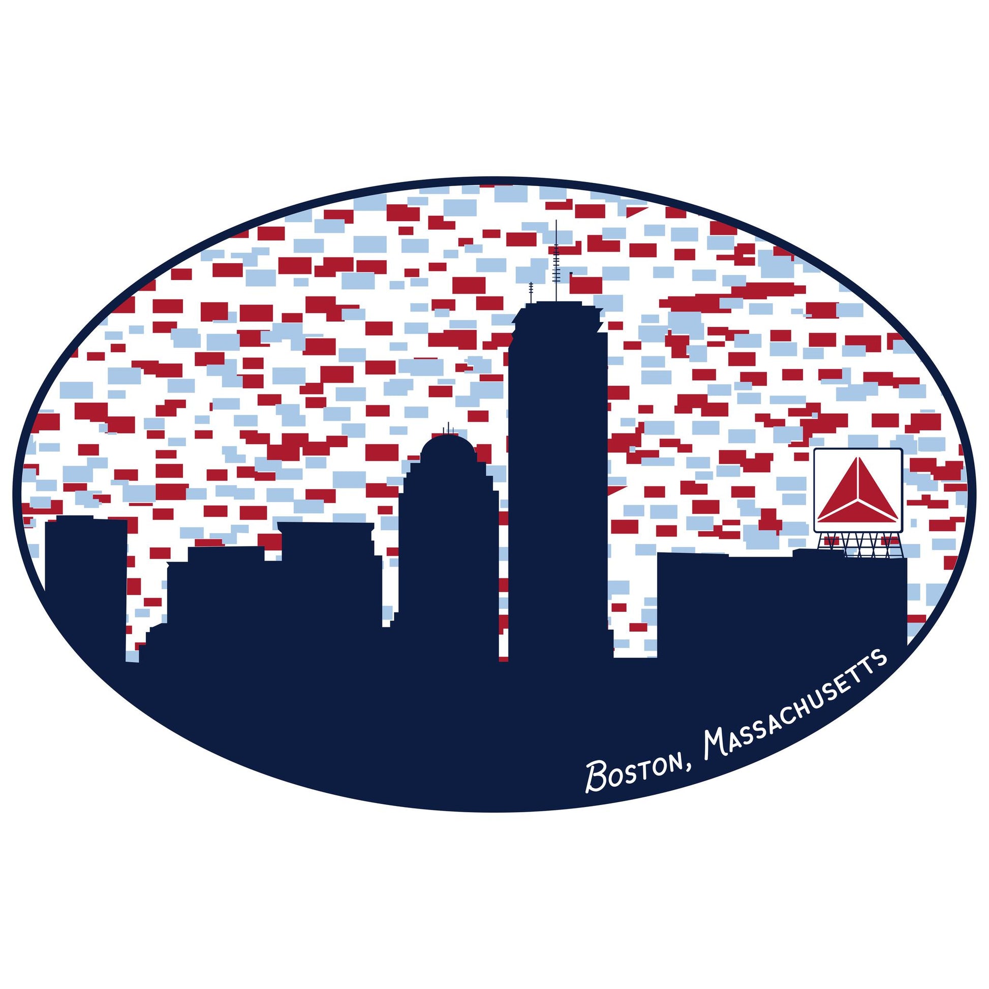 Boston skyline silhouette with iconic Citgo sign against a patriotic red, white, and blue patterned background on oval-shaped Swedish dishcloth, labeled "Boston, Massachusetts