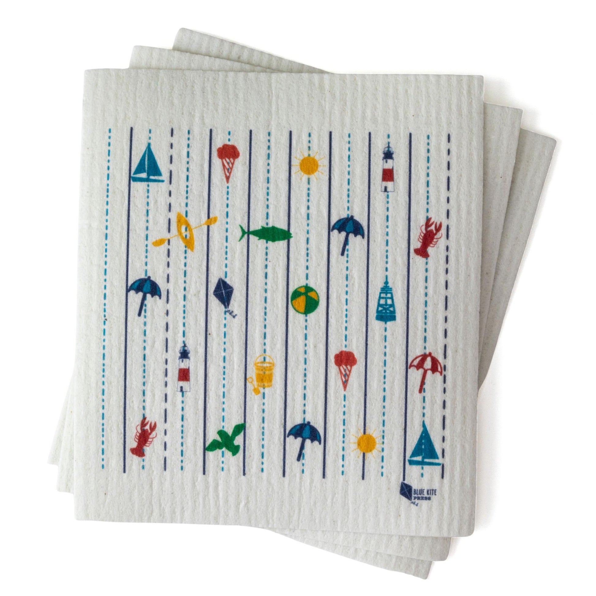 Eco-friendly Swedish dishcloth with colorful New England coastal icons including sailboats, lighthouses, fish, lobsters, and umbrellas arranged in vertical lines on a white textured background