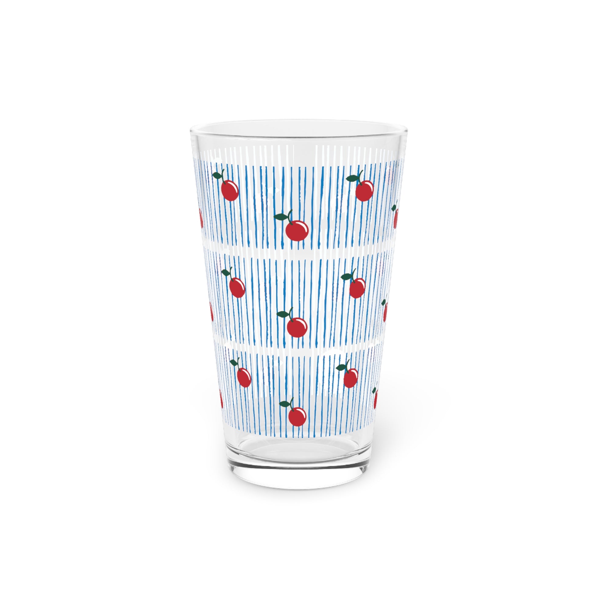 Cherry Pint Glass 16 oz with blue vertical stripes and red cherry pattern, retro design for cocktails and parties