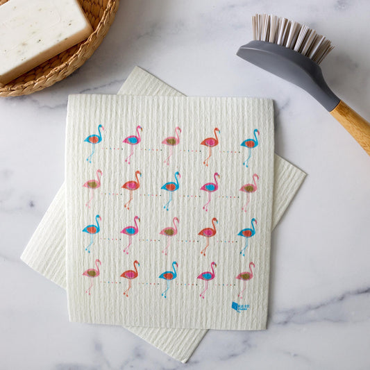 Flamingo Swedish Dishcloth | Modern Pink & Blue | Cellulose 6.75"x8"