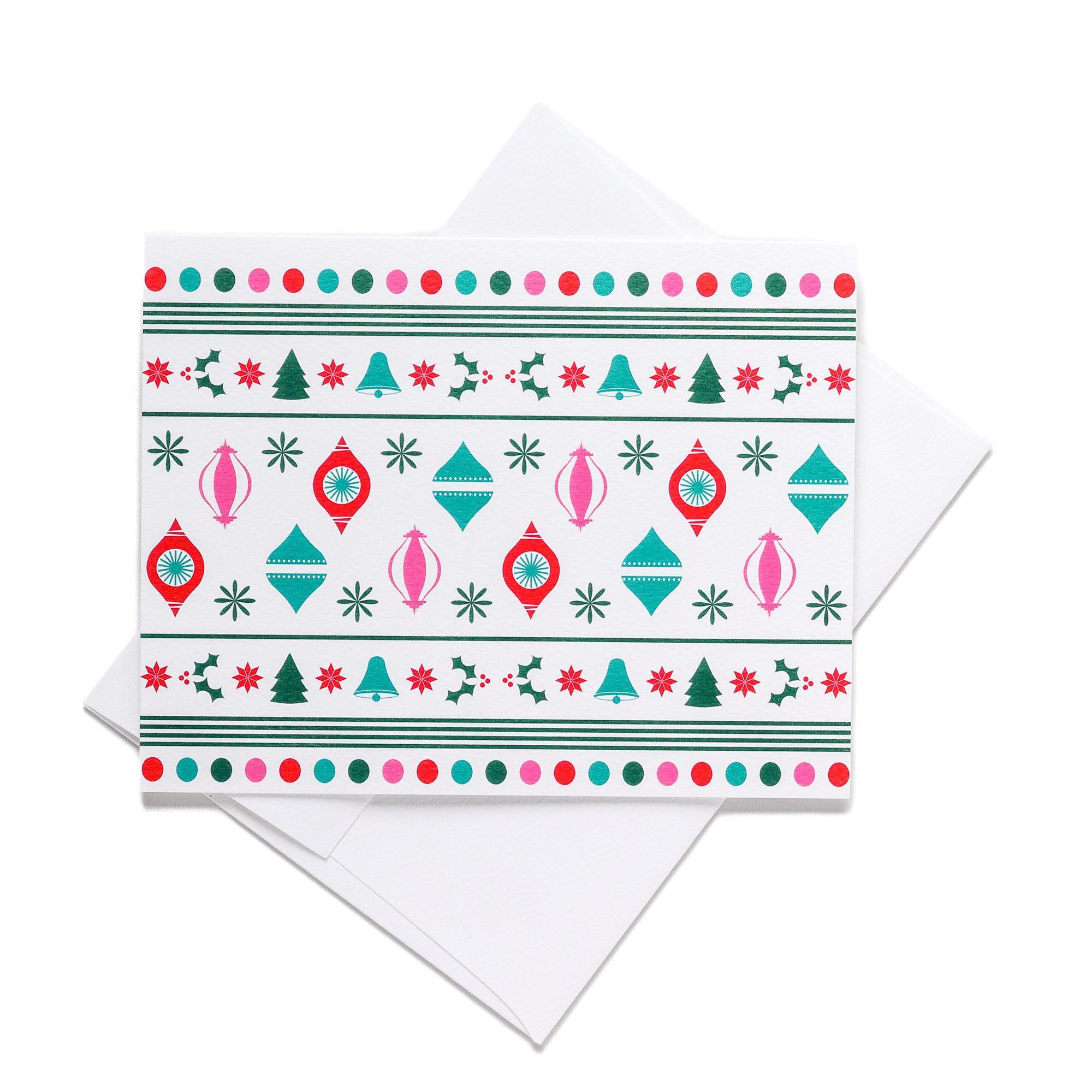 Christmas Card Vintage Christmas Greeting Card Blank Inside with modern ornaments and trees design on recycled paper