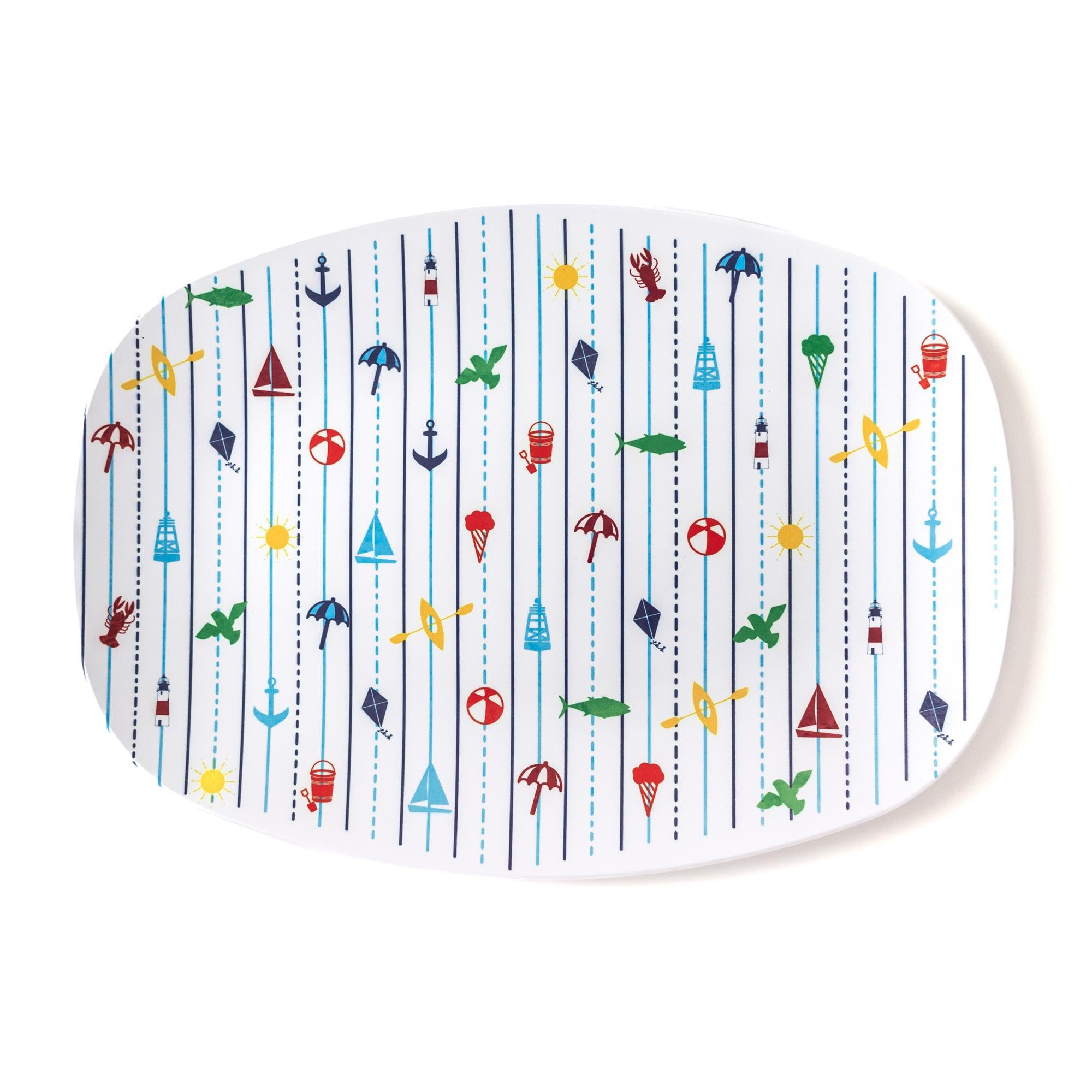 Seaside Serving Tray with New England coastal design of lobsters, sailboats, lighthouses, and beach icons, oval shape.