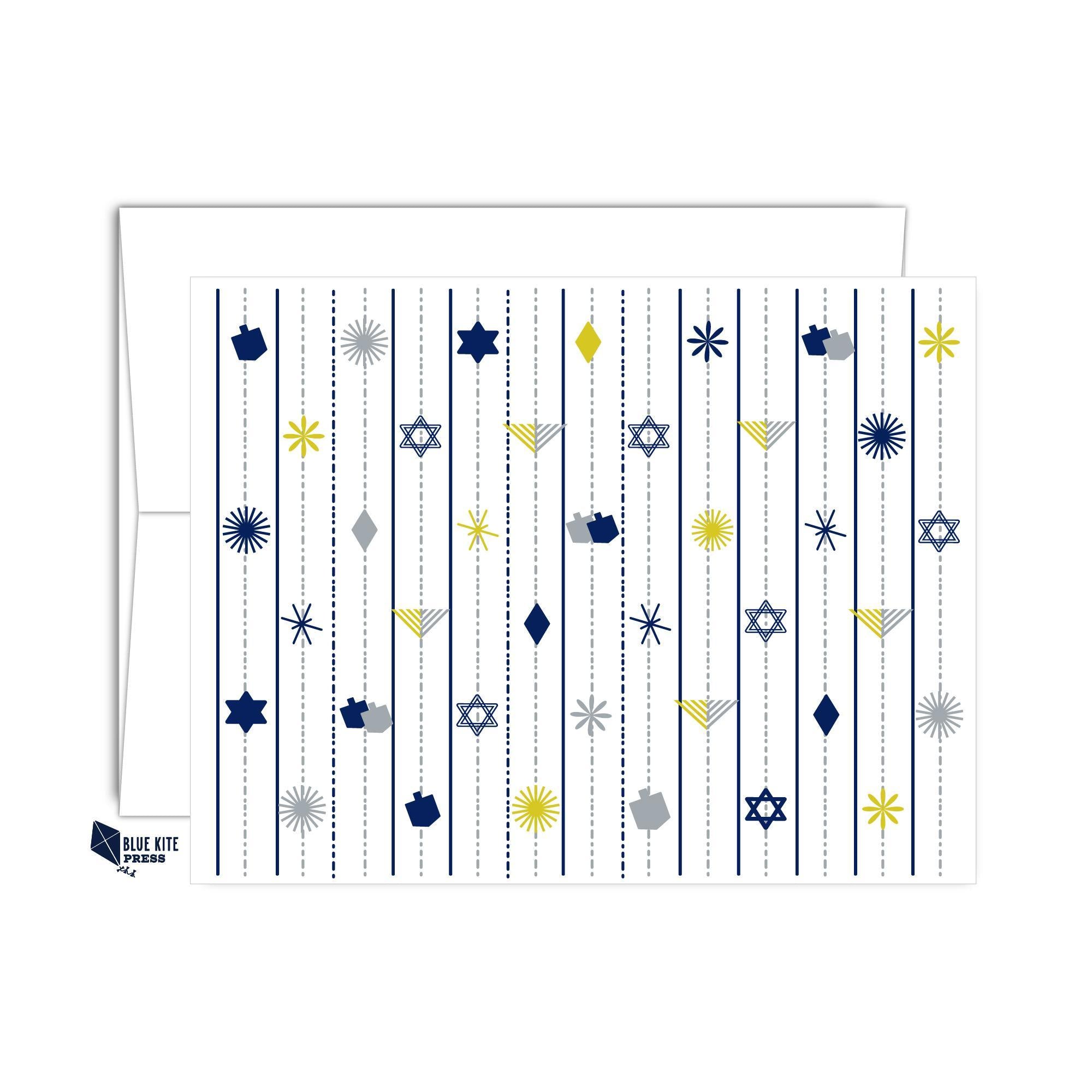 Hanukkah Bright Card with blue, gray, and gold dreidels and menorahs on white background, blank inside.