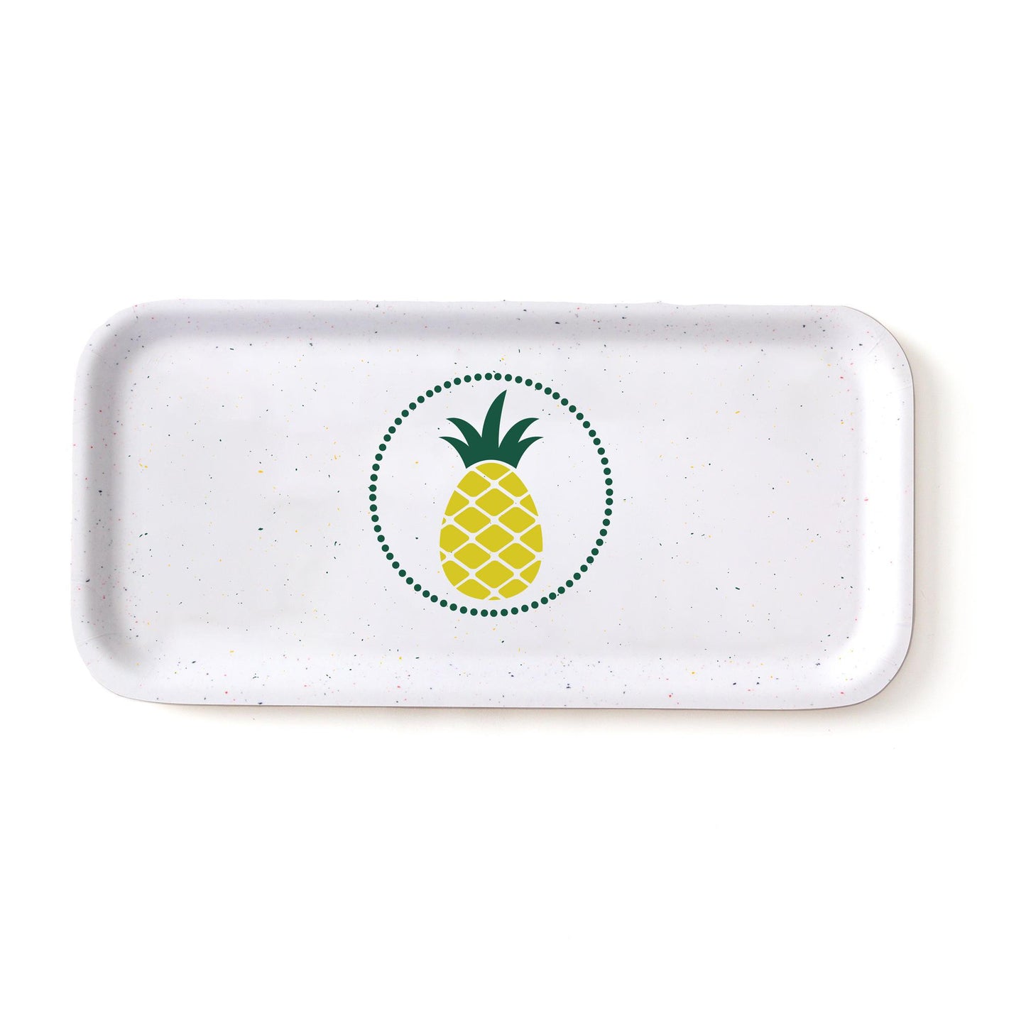 Modern white rectangular birch tray with yellow and green pineapple design in center, surrounded by dotted circle. Eco-friendly serving tray for snacks or decorative use.