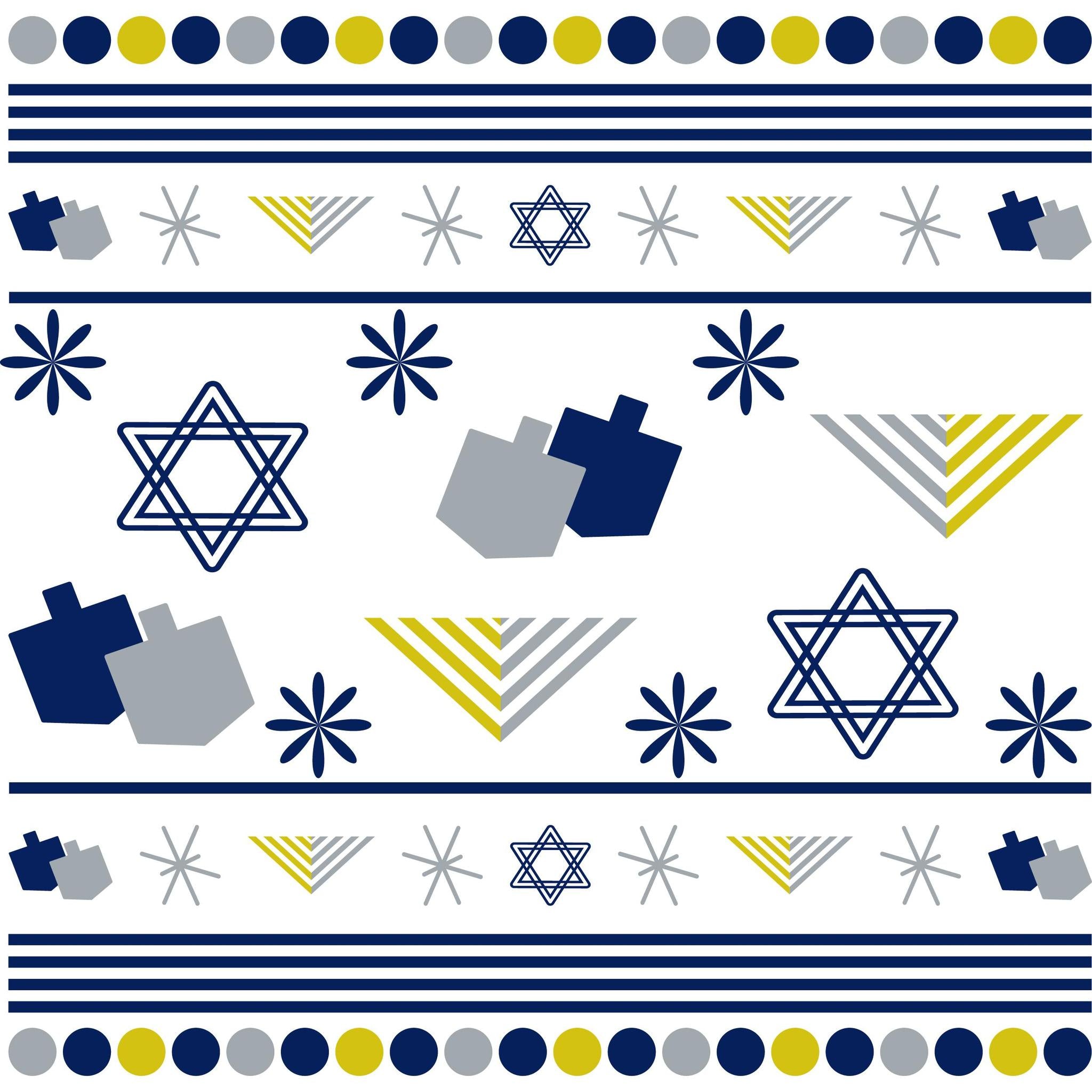 Hanukkah Card Dreidels & Menorahs greeting card with dreidels, menorahs, Stars of David, blank inside, A2 size design.