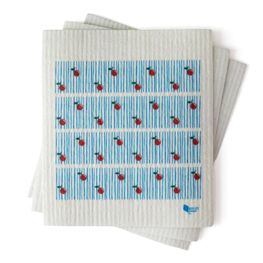 Eco-friendly Swedish dishcloth with modern cherry pattern on blue striped background, stacked to show thickness and absorbency. Reusable alternative to paper towels, featuring red cherries on light blue vertical lines.