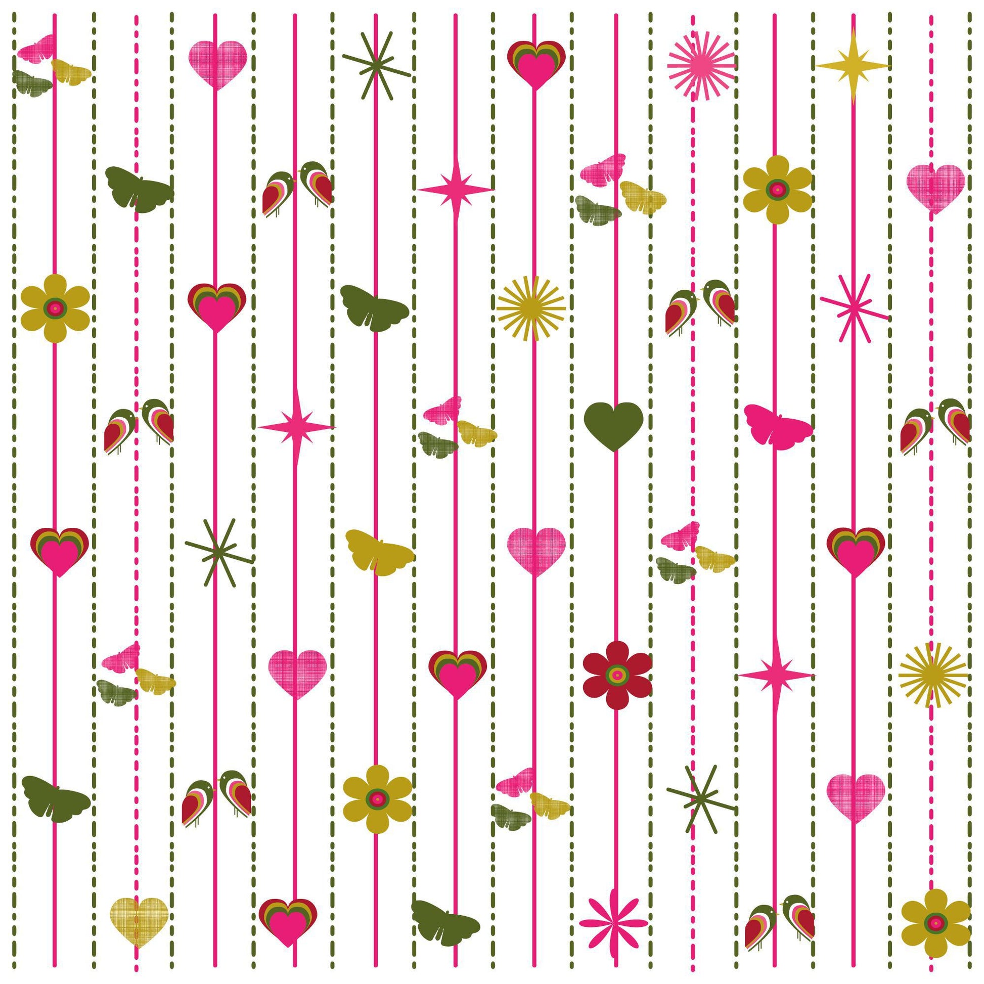 Colorful pattern of pink hearts, green flowers, yellow stars, and small birds on white background with vertical dotted lines. Modern and whimsical design for eco-friendly Swedish dishcloth.