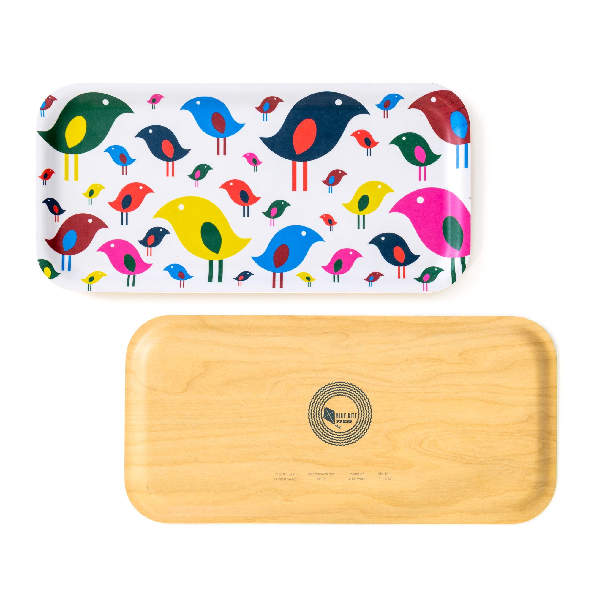 Bright Bird Birch Tray with colorful bird design, eco-friendly 11x5" serving tray for snacks and decor