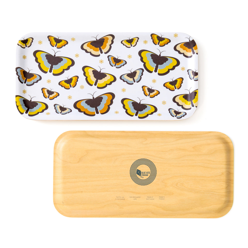 Butterfly Birch Tray 70s Boho with vintage butterfly pattern, eco-friendly 11x5" serving tray for snacks and decor.