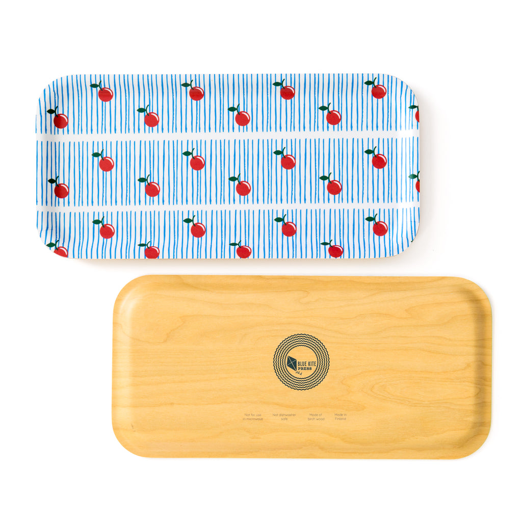 Cherry Birch Tray featuring vintage red cherries on blue stripes, eco-friendly 11x5" serving tray for snacks and decor.