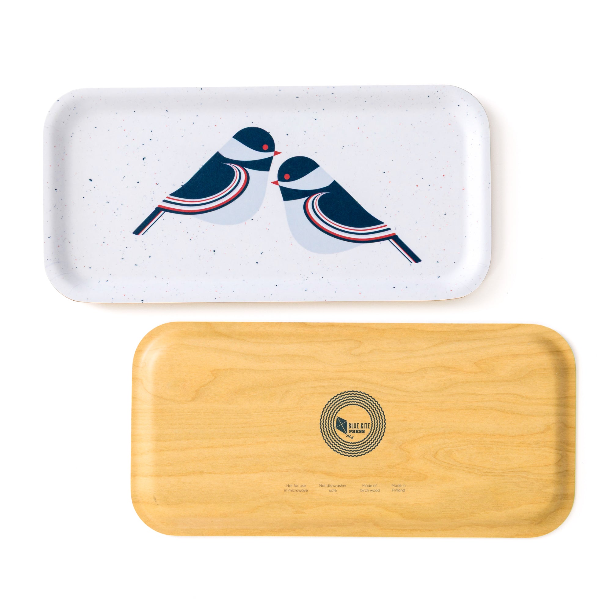 Chickadee Birch Tray showing modern chickadee bird design on birch wood serving tray 11x5 inches.
