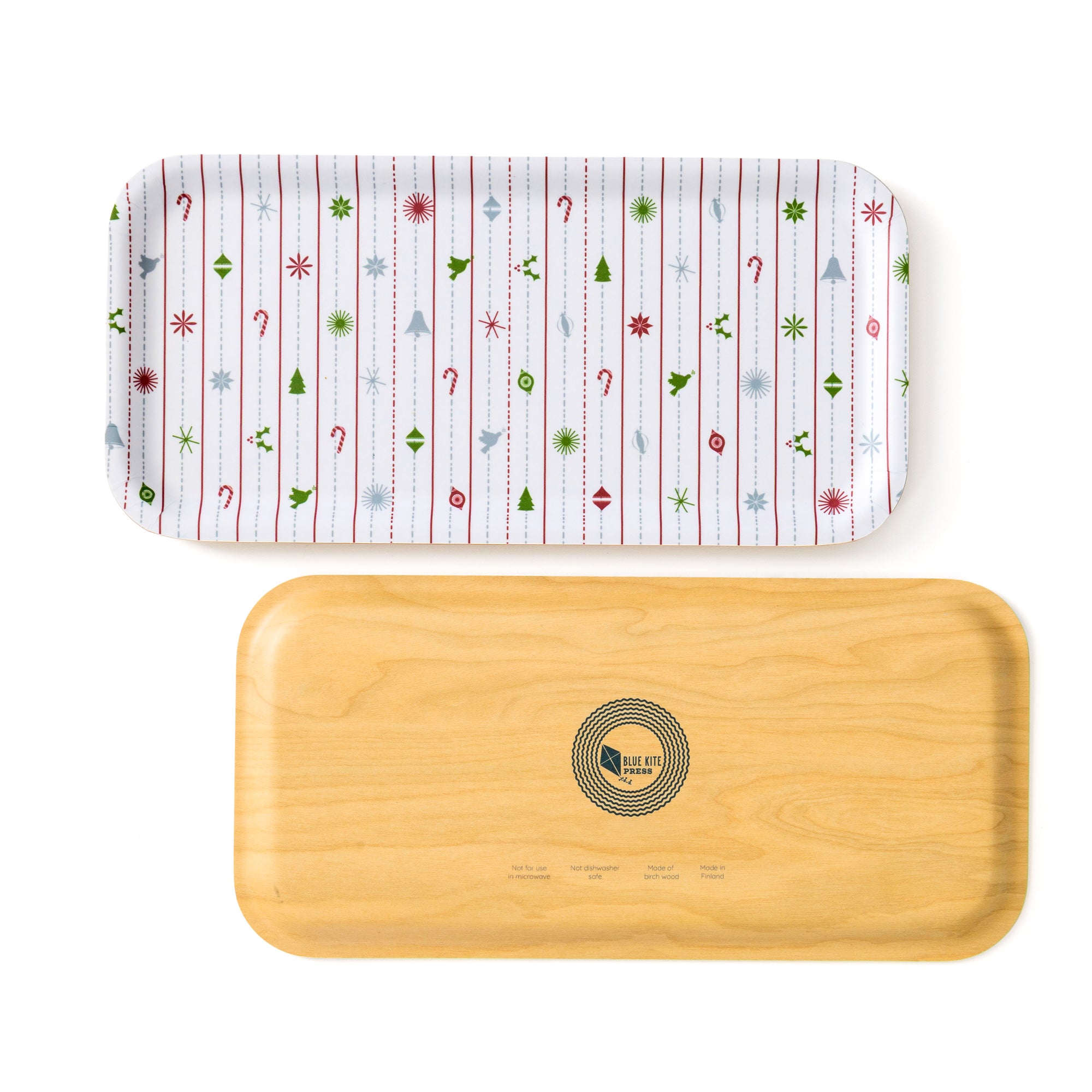 Christmas Birch Tray with vintage ornaments and trees, eco-friendly 11x5" serving tray for holiday decor and snacks