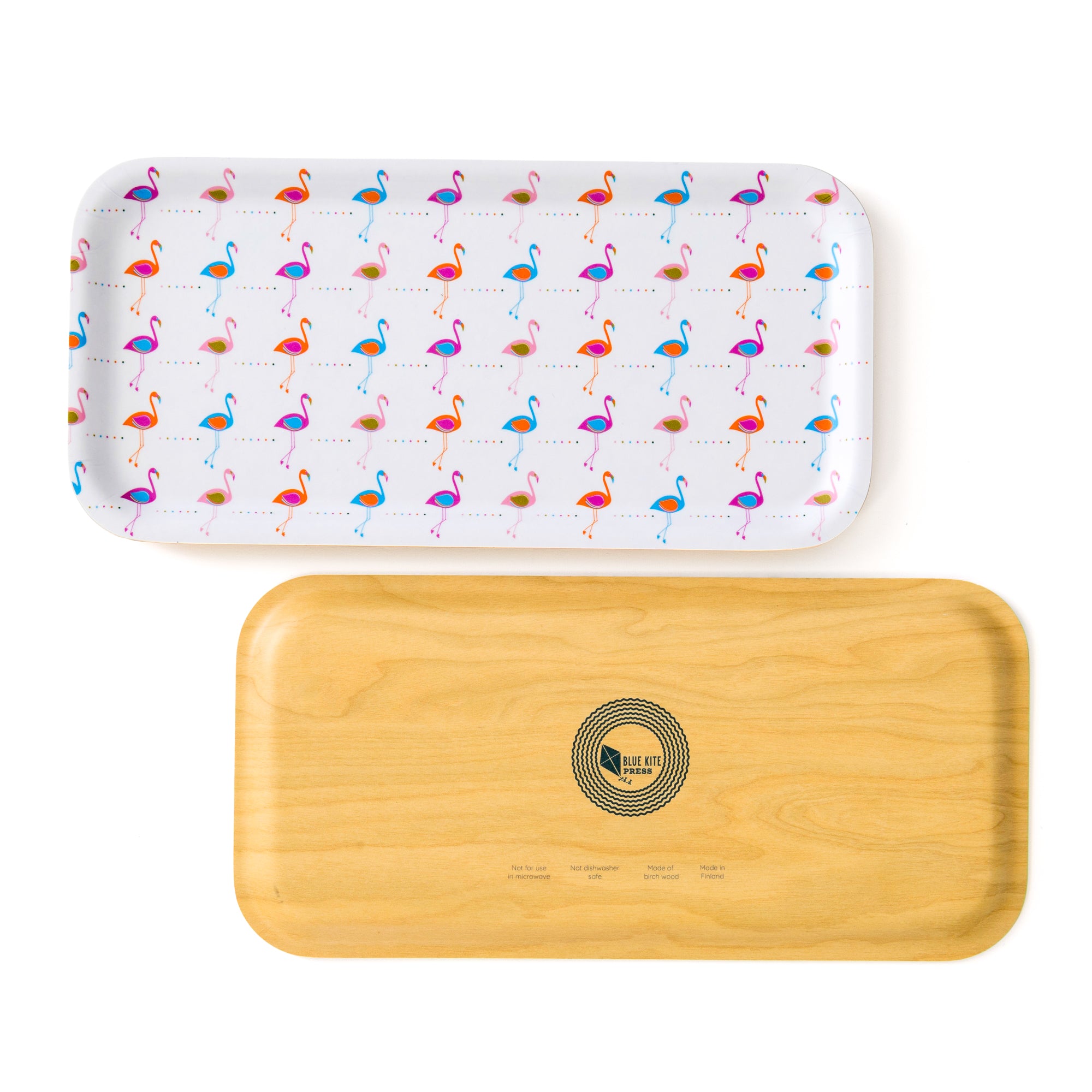 Flamingo Birch Tray with retro colorful flamingo pattern, eco-friendly birch wood serving tray for snacks and decor.