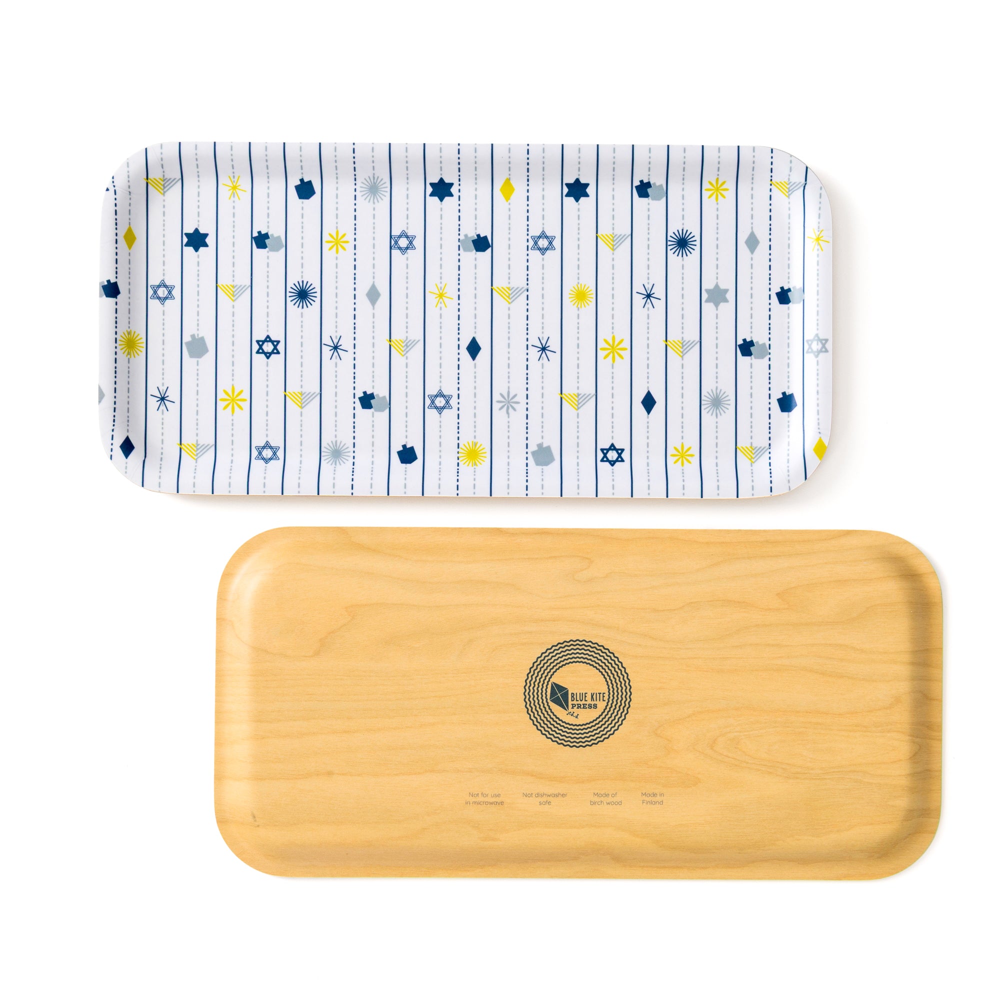 Hanukkah Birch Tray with dreidels and menorahs pattern, eco-friendly 11x5 inch serving tray for snacks and decor.