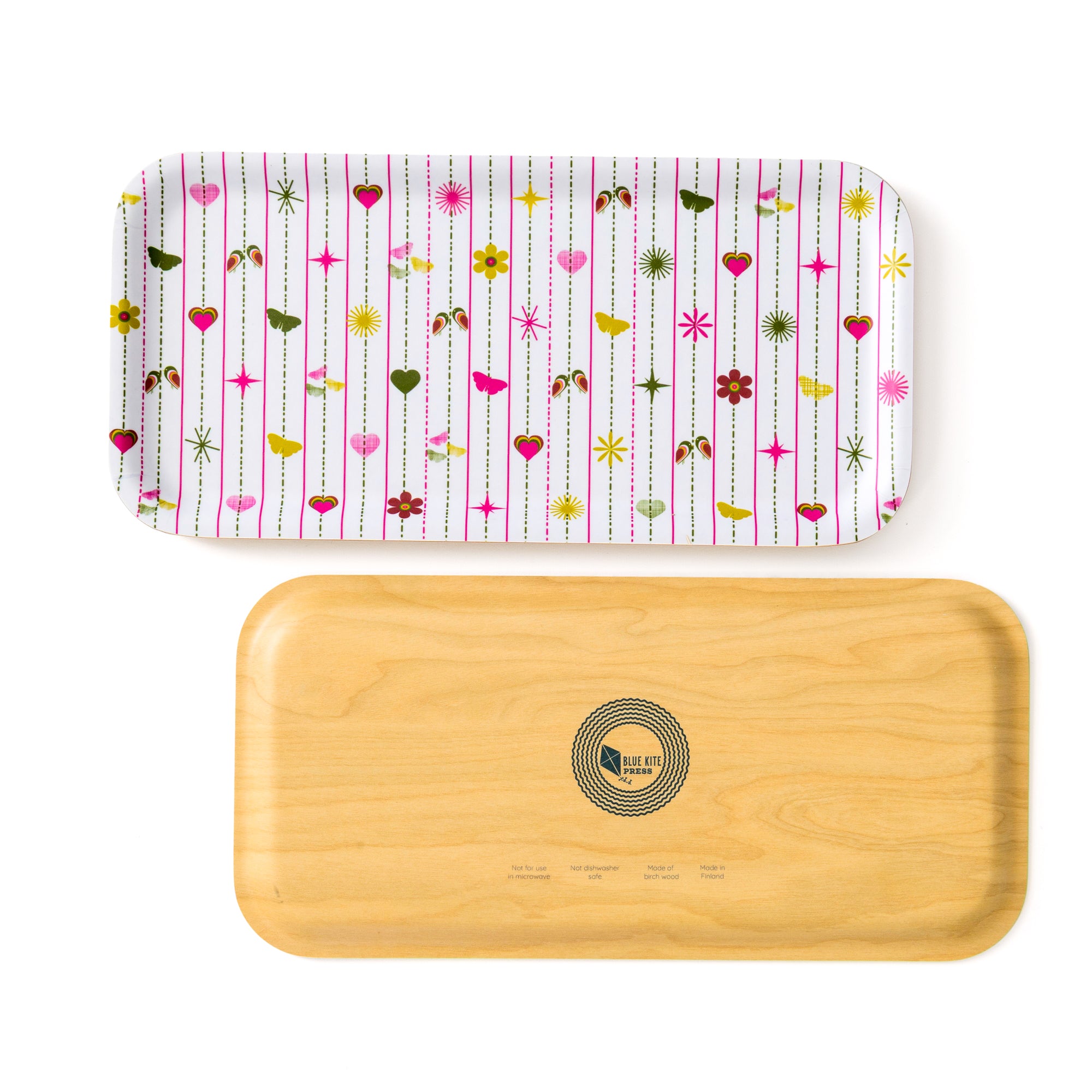 Pink Hearts & Flowers Birch Tray with retro floral bird, heart, and flower pattern, eco-friendly 11x5 inch serving tray.