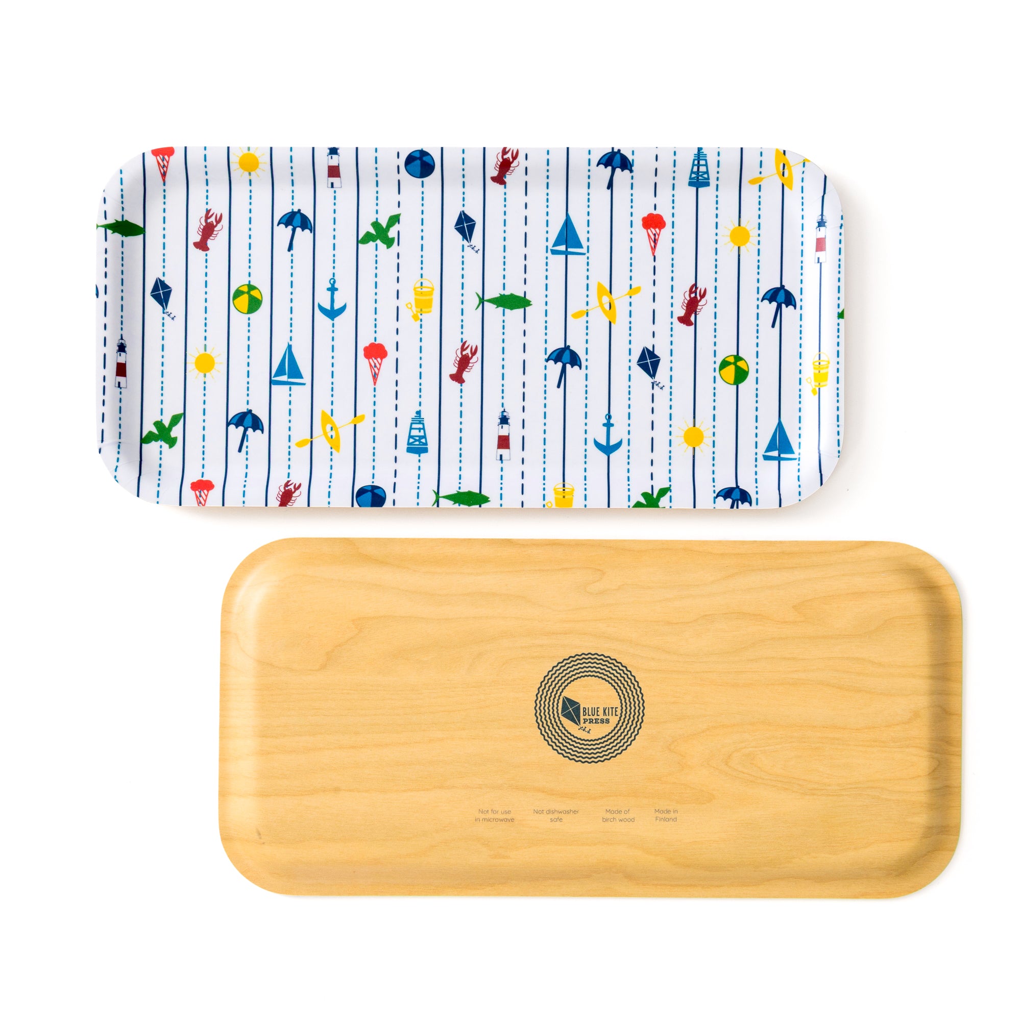 Seaside Birch Tray with New England coastal lobster, sailboat, and lighthouse pattern, eco-friendly 11x5 inch serving tray.