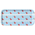 Cherry Birch Tray with vintage blue striped background and red cherry pattern, eco-friendly 11x5 inch serving tray.