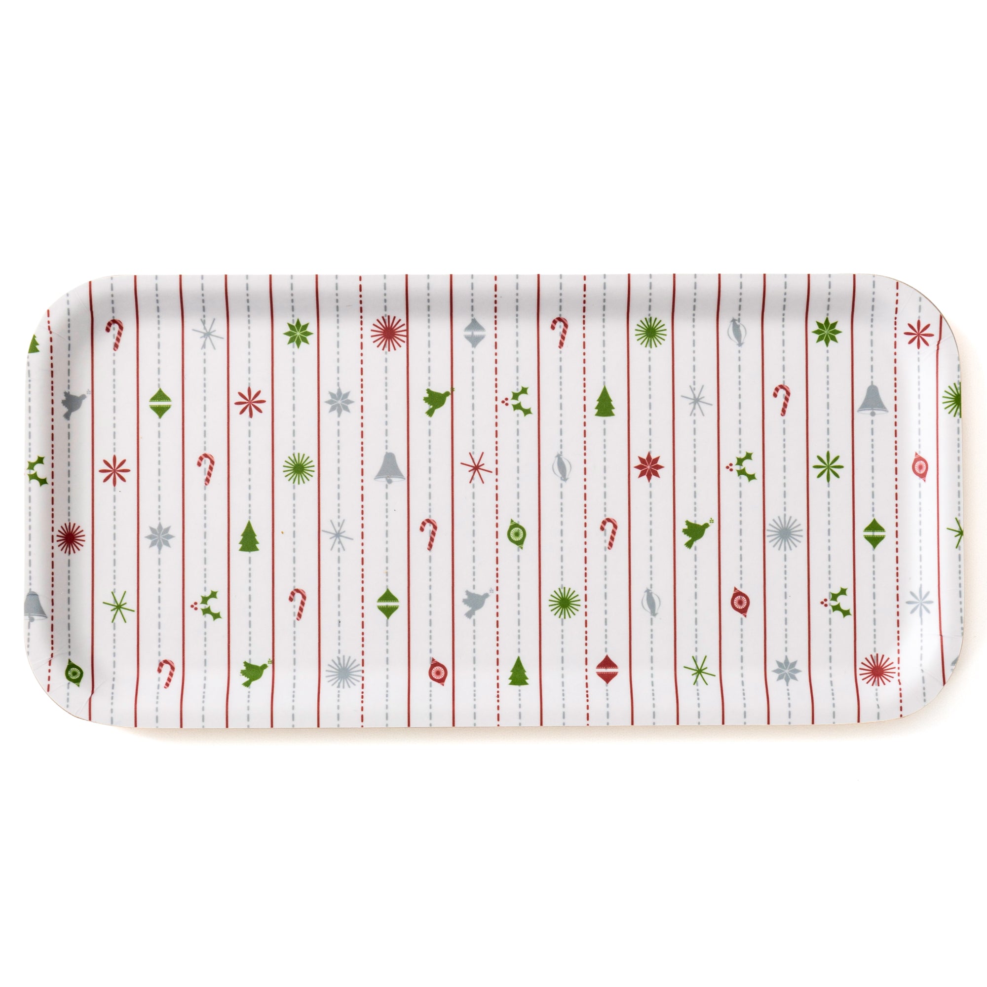 Christmas Birch Tray with vintage Christmas ornaments and trees perfect for serving or holiday decor.