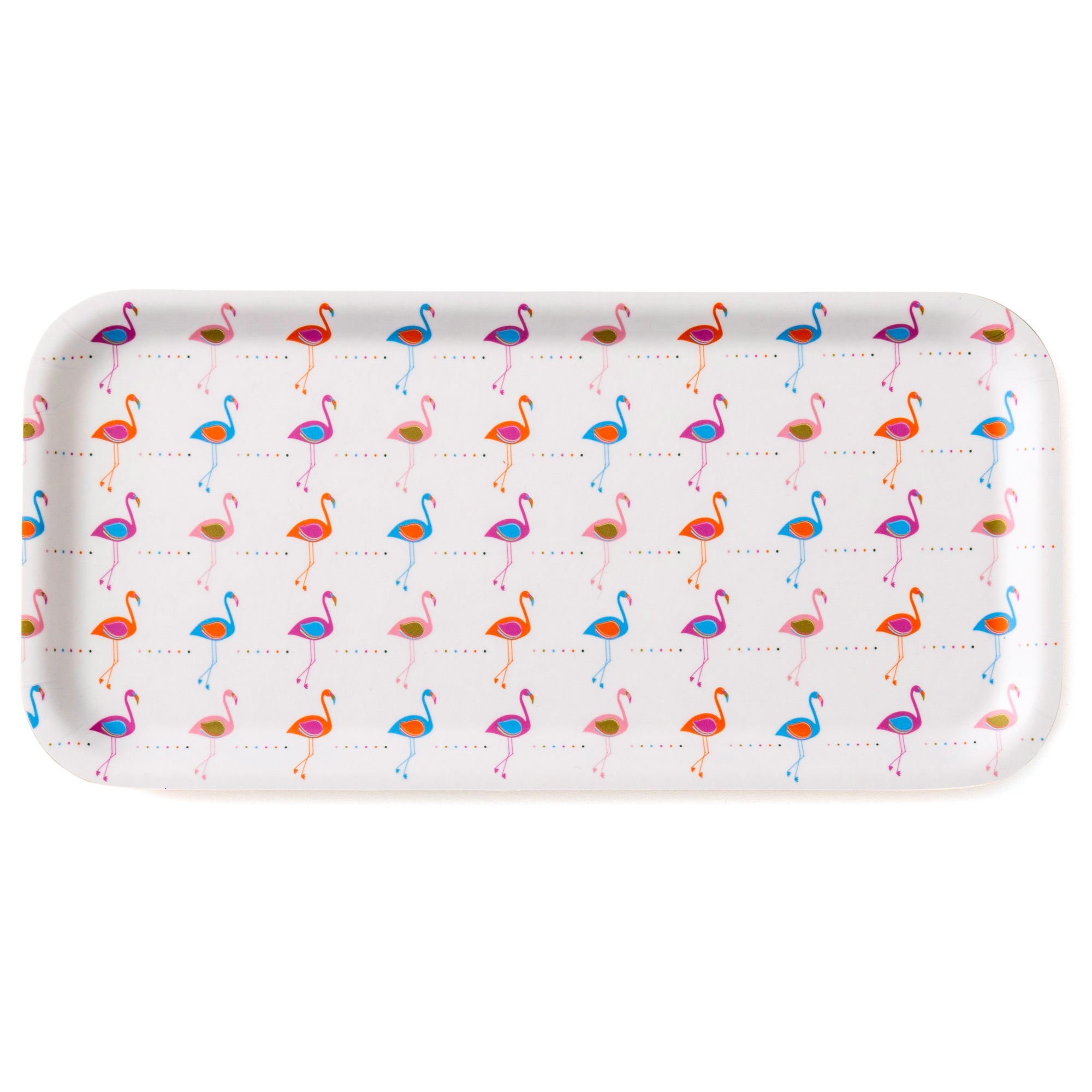 Flamingo Birch Tray featuring a retro colorful flamingo pattern, eco-friendly 11x5 inch serving tray for snacks and decor.