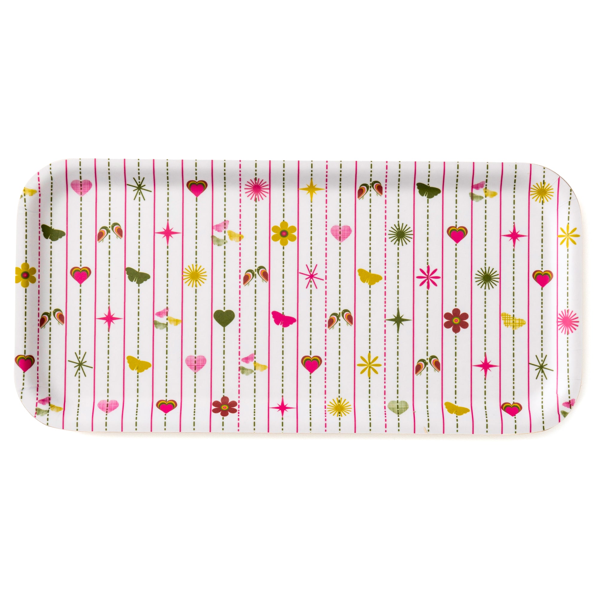 Pink Hearts & Flowers Birch Tray with retro birds, hearts, and flowers pattern, perfect for serving and decor.