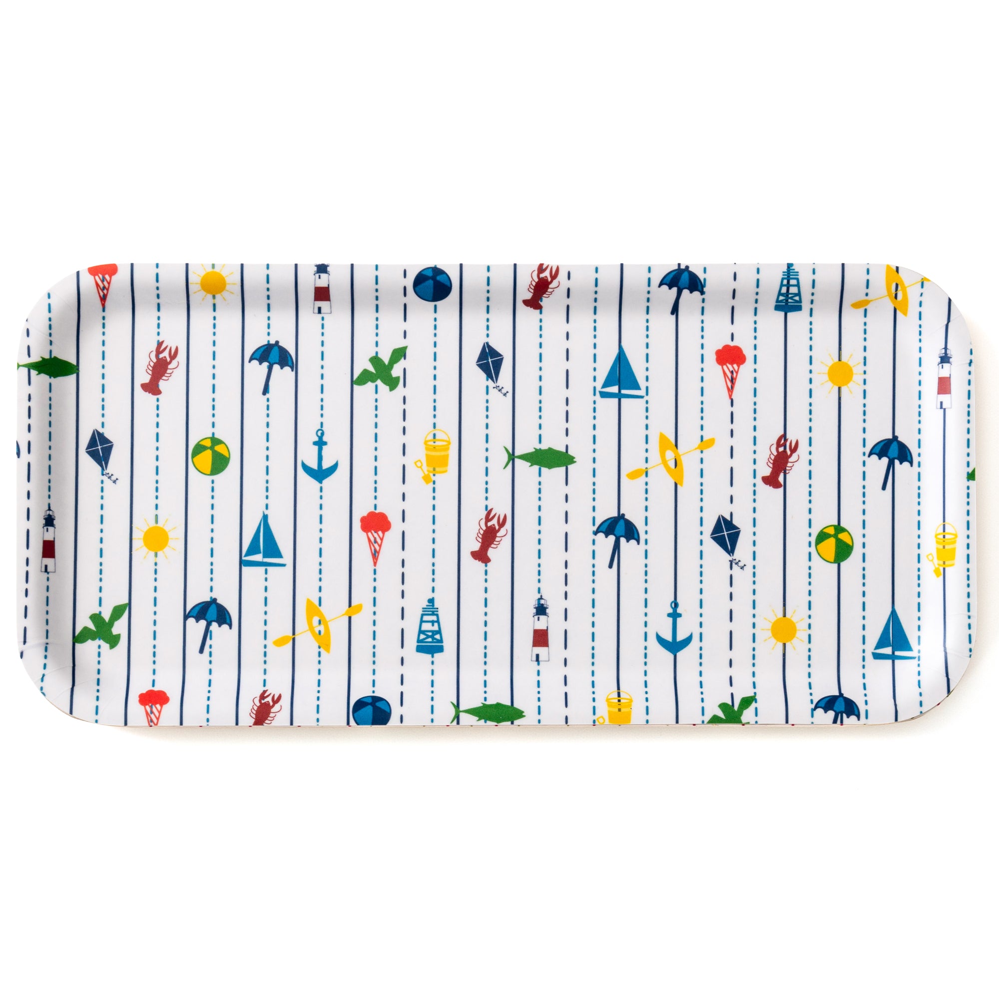 Seaside Birch Tray with New England coastal lobsters, sailboats, lighthouses pattern for serving and decor.