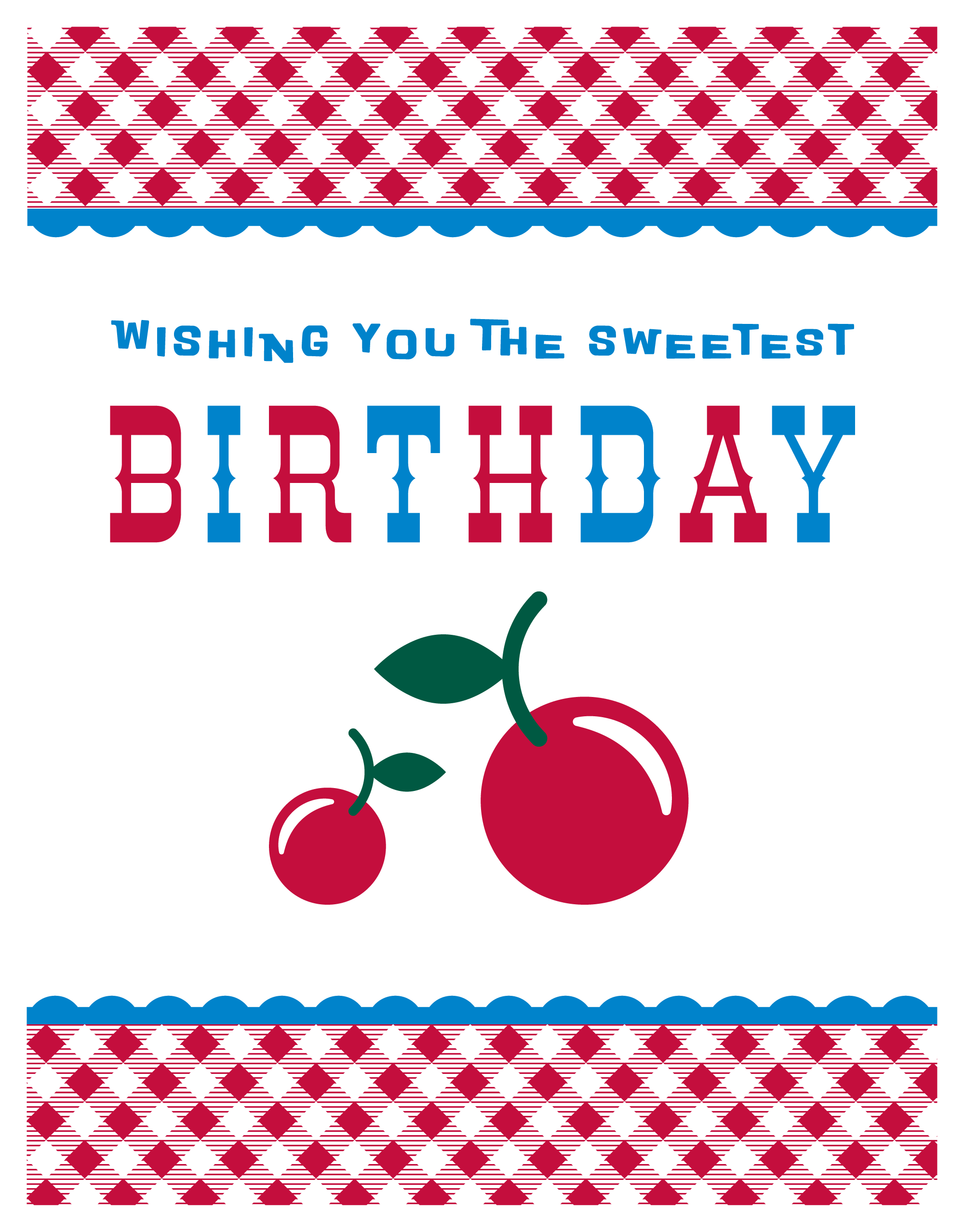 Cherry Birthday Card Sweetest Birthday with red cherries and red gingham pattern for a retro farmhouse look.