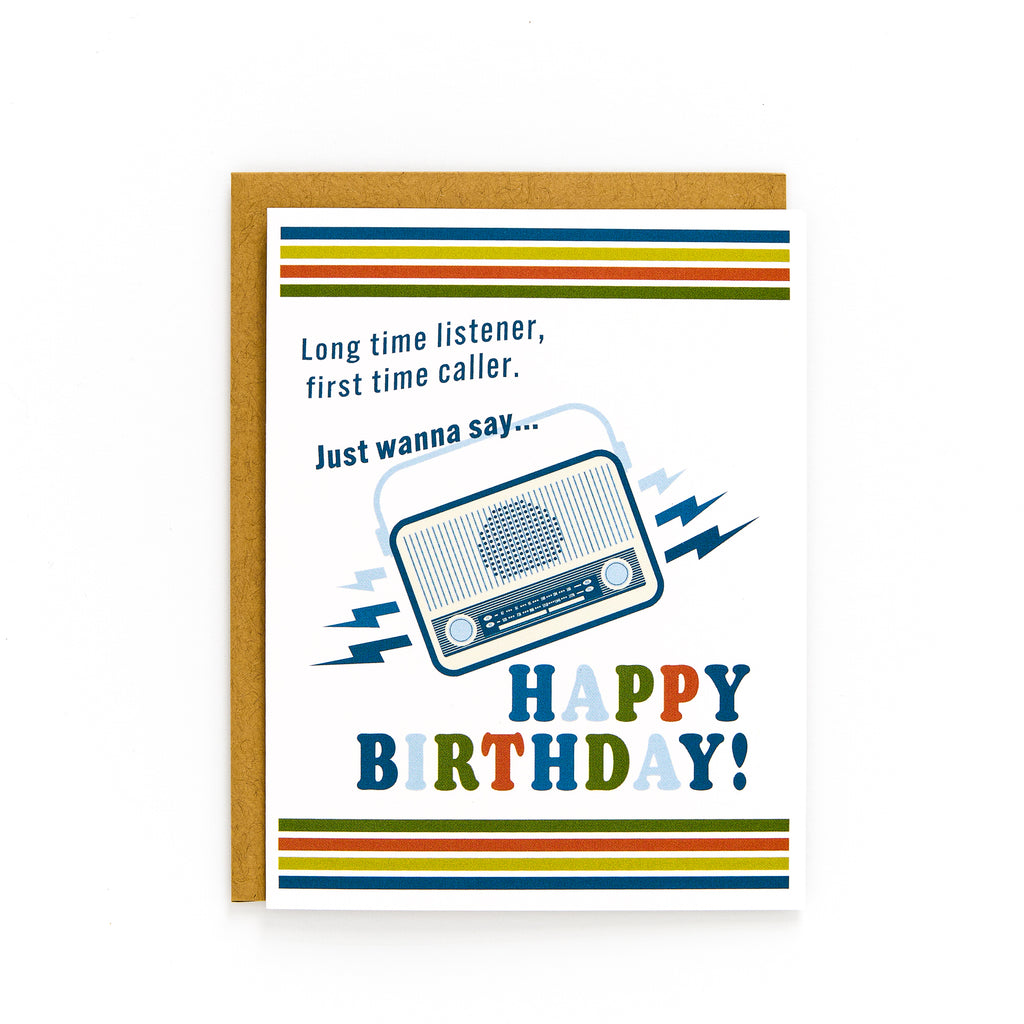 Vintage radio birthday card with retro stripes and message Long time listener first time caller Happy Birthday