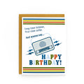 Vintage radio birthday card with retro stripes and message Long time listener first time caller Happy Birthday