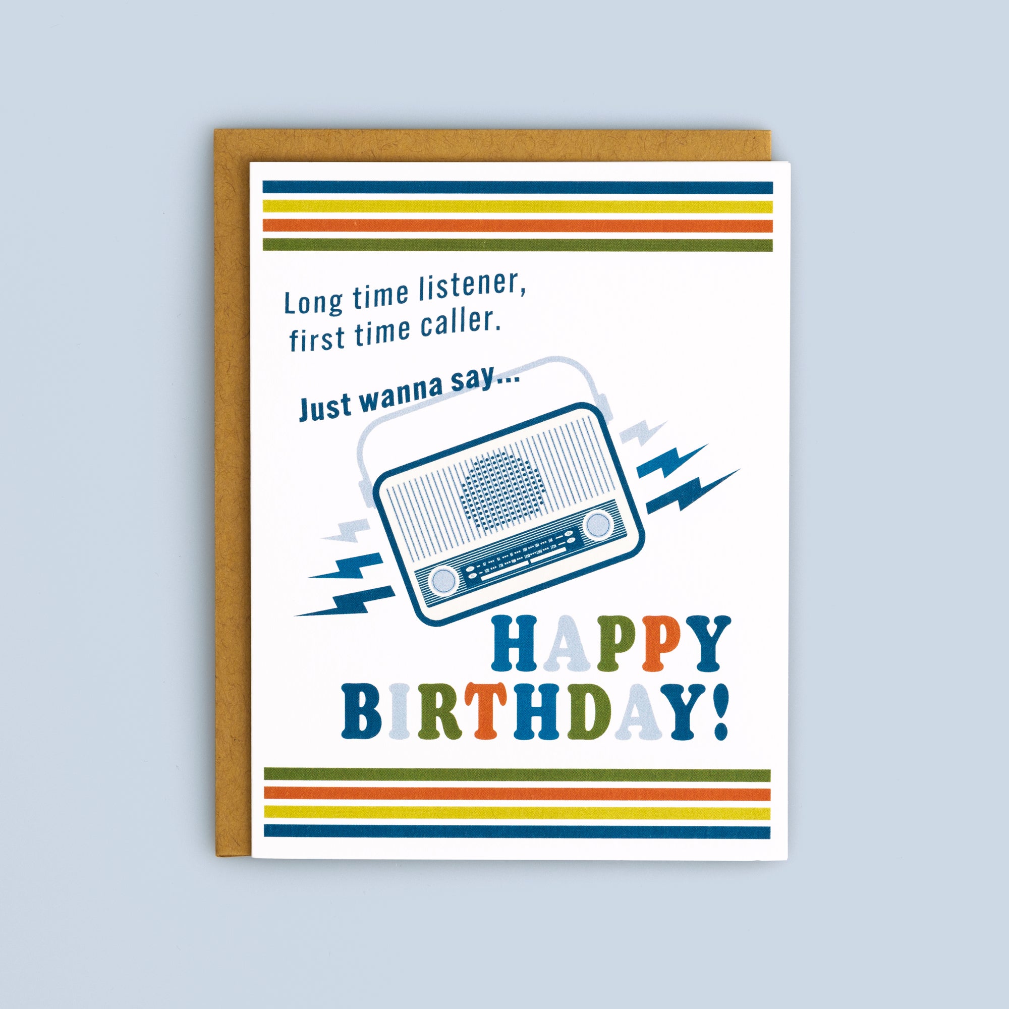 Birthday Talk Radio Fan card featuring a vintage radio and retro stripes with a cheerful birthday message.