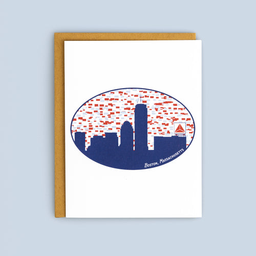 Folded card featuring Boston skyline silhouette with Citgo sign and red, white, and blue detailing, kraft envelope included