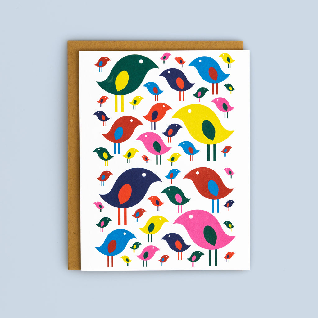 Bright Bird flat card featuring a colorful nostalgic bird pattern with coordinating kraft envelope, A2 size stationery set