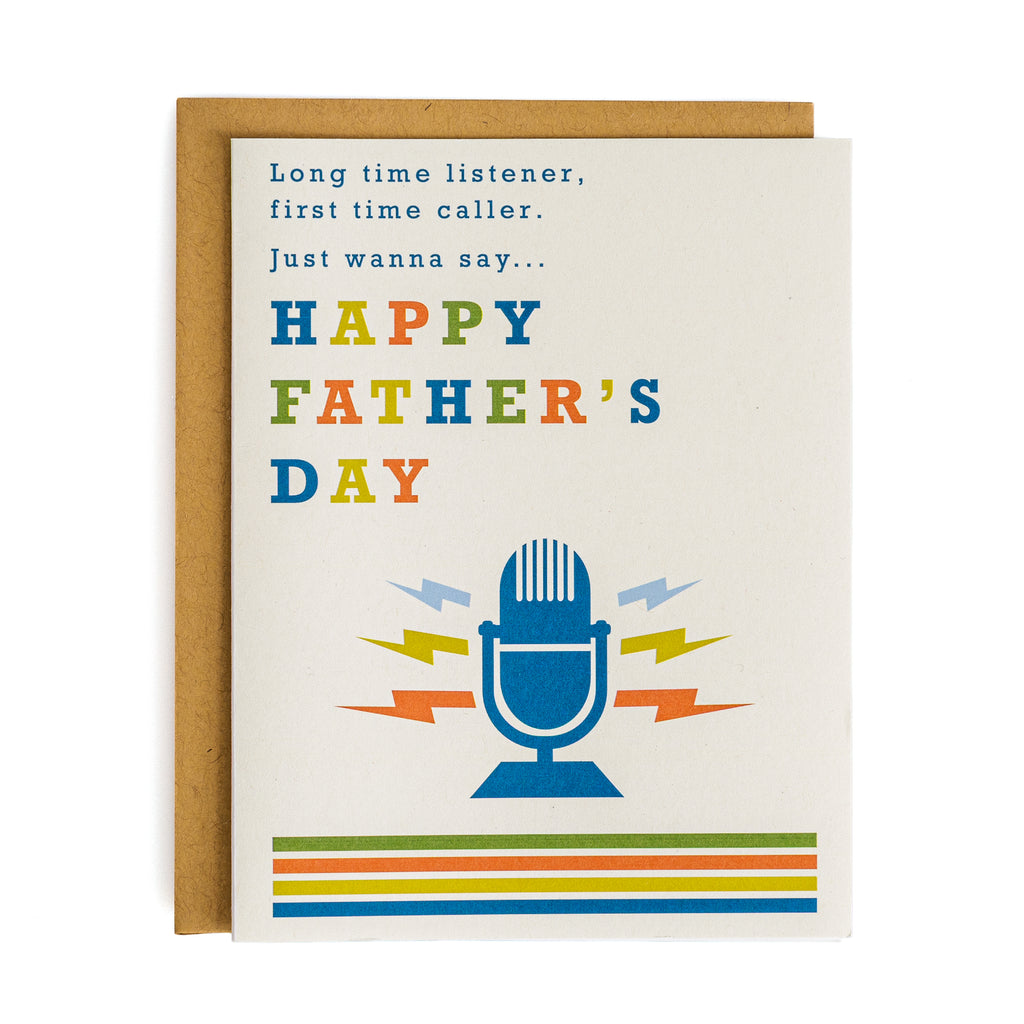 Flat Father's Day card with vintage blue microphone and colorful retro stripes, nostalgic radio fan design on white background