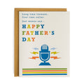 Flat Father's Day card with vintage blue microphone and colorful retro stripes, nostalgic radio fan design on white background