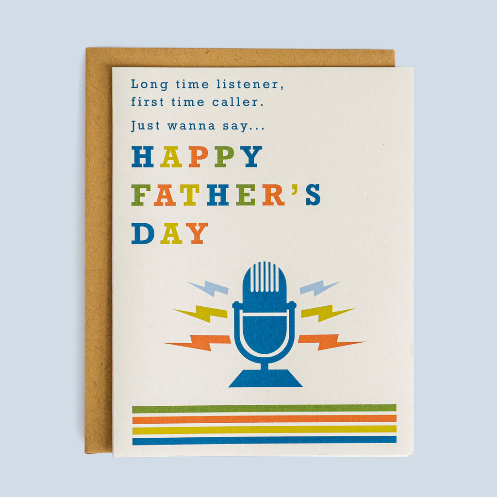 Flat Father's Day card with retro microphone, colorful lightning bolts, and playful "Happy Father's Day" text on white background