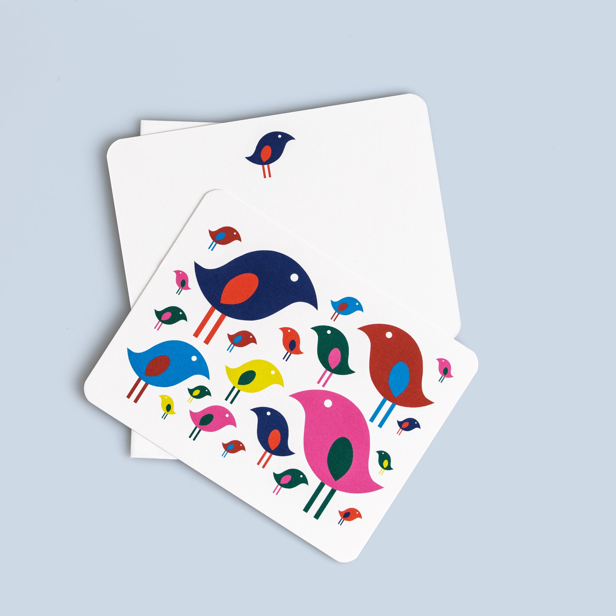 Set of six flat cards featuring colorful nostalgic bird illustrations with coordinating white envelopes.