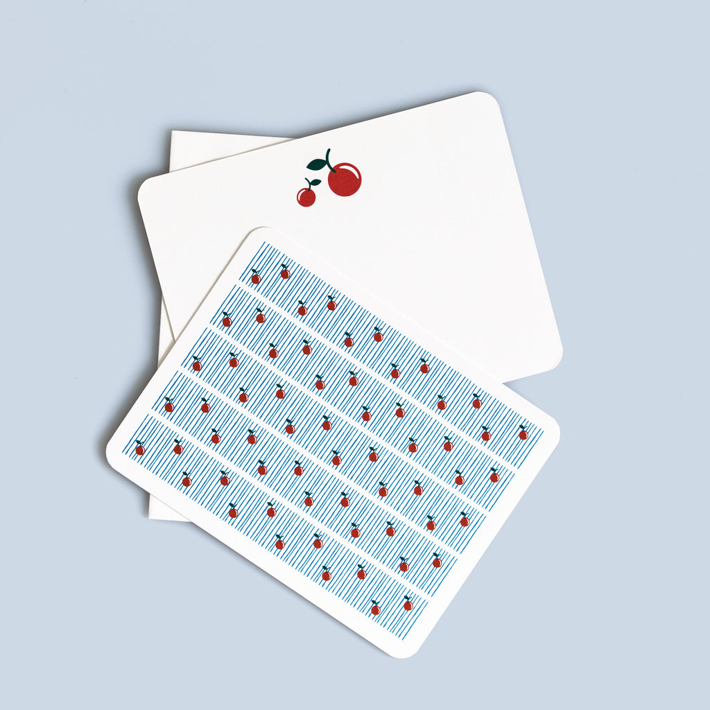 Set of six cherry flat cards with small cherry illustration on front and coordinating white envelopes, A2 size