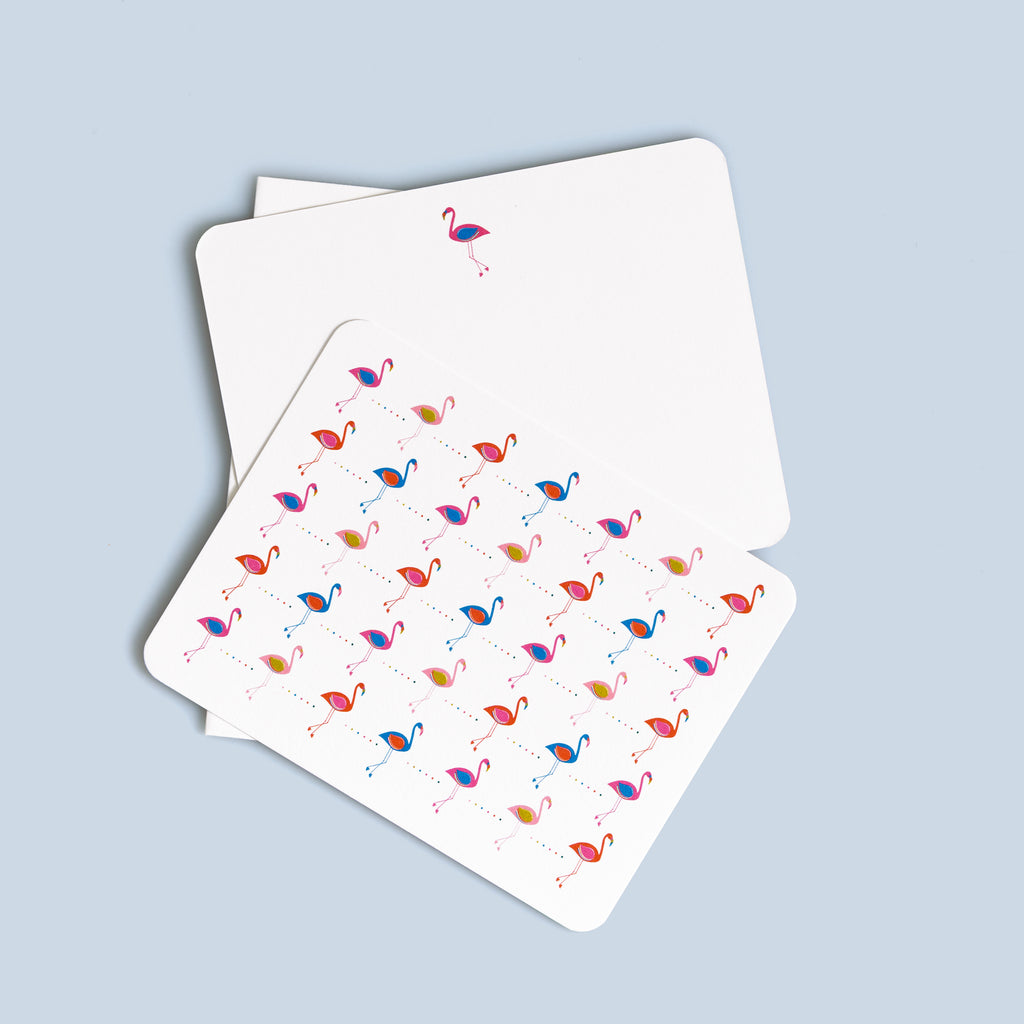 Set of six Flamingo Flat Cards featuring colorful flamingo illustrations with coordinating white envelopes, A2 size