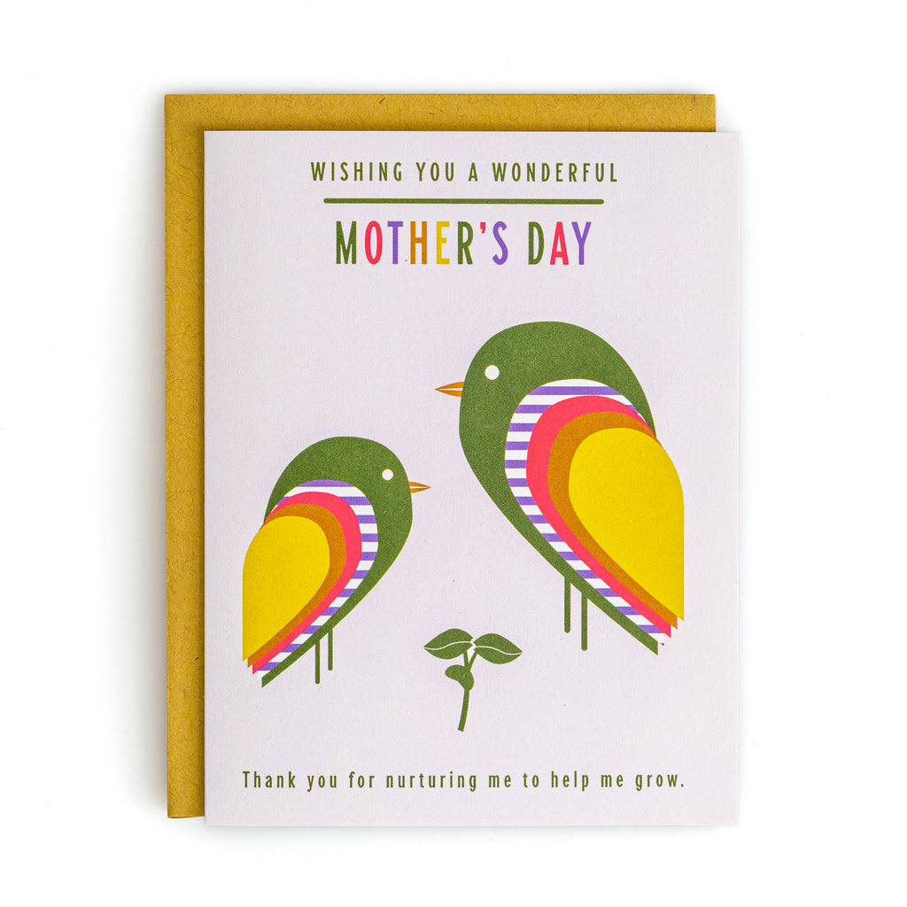 Mother's Day card with a mama and baby bird. "Thank you for nurturing me to help me grow"